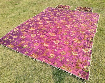 Kashmiri Wool on Velvet Crewel Embroidered King Size Bedspread 112" x 90" with Pillow Covers