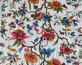 Kashmiri Crewel Fabric: Hand Embroidered Floral Wool Cotton Upholstery, 4 Yards
