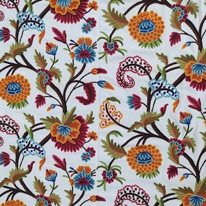 Crewel Fabric Hand Embroidered Kashmir Wool on Cotton Upholstery and Drapery Fabric Multicolour 60&quot; x 1 Yard (By the Yard)