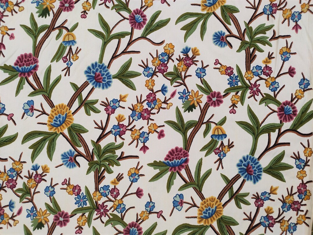Crewel Fabric Hand Embroidered Kashmir Wool on Cotton Upholstery and