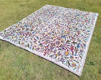 Kashmir Wool Crewel Bedspread: Hand Embroidered Cotton Queen Bedcover