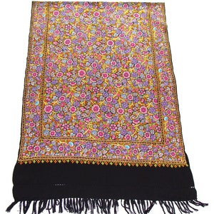 Woolen Shawl Stole Wrap Scarf Hand Embroidered Papier Mache Kashmir Wool Multicolour Black Floral Design 26&quot; x 74&quot; inches