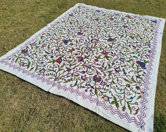 Cotton Crewel Bedspread Bedcover Hand Embroidered Kashmir Wool on Cotton Multicolor Queen Size 104" x 86" inches
