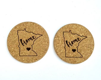 Minnesota State Outline Heart Cursive Home Cork Coaster 2 Pack Set