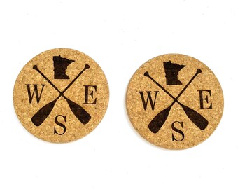 Minnesota State Compass North South West East NWSE Direction Outline Cork Coaster 2 Pack Set