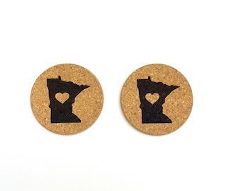 Minnesota State Shape Laser Heart Love State Pride Cork Coaster 2 Pack Set