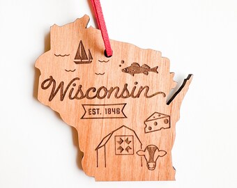 Wisconsin word keepsake ornament complete with fish, barns, cheese and boat