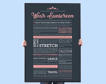 Sunscreen Lyrics Art Print - Navy & Pink - Wear Sunscreen - Sunscreen Song