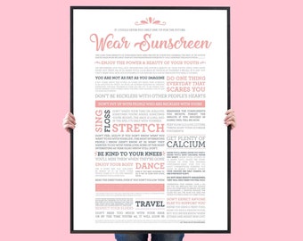 Sunscreen Song Lyrics Print - White & Pink - Wear Sunscreen - Sunscreen Song