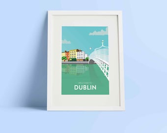 Dublin Travel Poster: Vintage Style Irish Print, Ha'penny Bridge Giclée Art