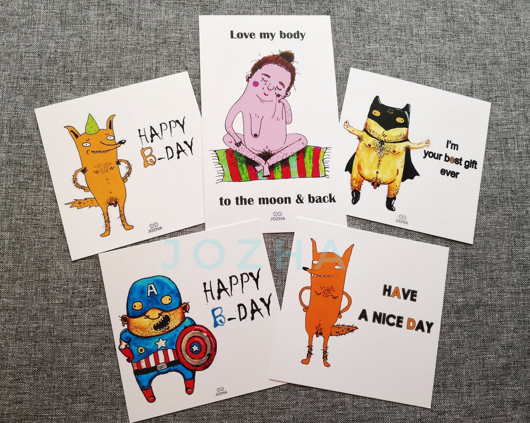 Set of 5 Erotic Birthday Cards, Nude Printable, Funny Postcards