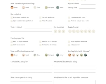 May include: A printable mental health daily tracker with sections for tracking sleep, mood, activities, and gratitude. The tracker includes a daily to-do list, a section for noting what you are grateful for, and a section for reflecting on what you would like to tell yourself for tomorrow.