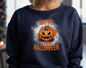 ハッピーハロウィンクルーネックスウェットシャツ、ハロウィンスウェットシャツ、パンプキンスウェットシャツ、ハロウィンパンプキン、スウェットシャツハロウィン、不気味な季節