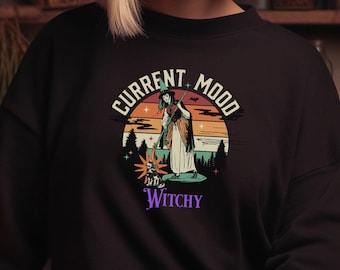 Retro huidige stemming Witchy Sweatshirt, Unisex Heavy Blen Crewneck Sweatshirt, Retro Halloween, Halloween Sweatshirt, Heks Sweatshirt
