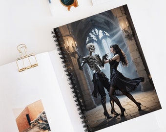 Skelett und tanzende Frau, mittelalterliche Burg, Spiralblock, Gothic, Aesthetic, Journal, Reading log, Geschenkidee, Halloween