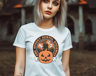 En läskig tandhygienist Halloween-tröja, unisex Bella+Canvas kortärmad t-shirt, tandvård Halloween, tandsköterska, tandvårdspersonal