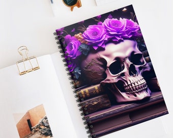 May include: A white skull with a purple flower crown sits on top of a stack of old books. The skull has a detailed, realistic design and the flowers are vibrant and colorful.