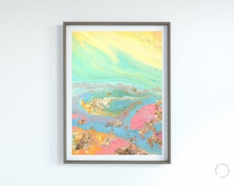Rainbow Marble Abstract Art with yellow and turquoise swirls, pink and turquoise, gold leaf