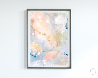 May include: Abstract painting in a light blue, pink, and gold color scheme. The painting has a textured, marbled look. It is framed in a simple gray frame.