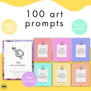 May include: A digital and printable collection of 100 art prompts featuring 100 pages. The set includes a cover page with a paint palette illustration and six colourful cards labelled with specific prompts, each secured by a metal binder clip.