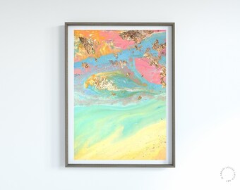 Pastel Rainbow Marble, Abstract Art with gold leaf sat on pink orange blue and turquoise paints
