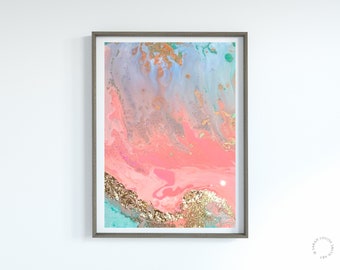 Coral turquoise and gold leaf abstract art print