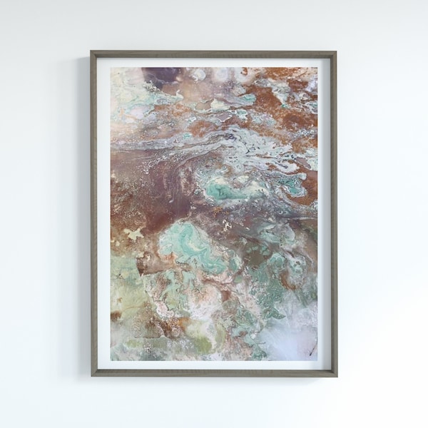 Rust orange green brown cream abstract print with copper leaf marble, autumn, fall, forest print