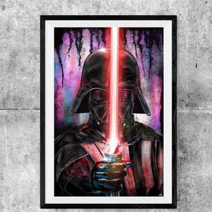 May include: A digital art print of Darth Vader from Star Wars, holding a red lightsaber. The background is a colorful abstract design.