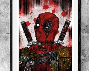 May include: A digital illustration of Deadpool, a superhero in a red and black costume, holding two katanas. The background is a dark grey with red splatters.