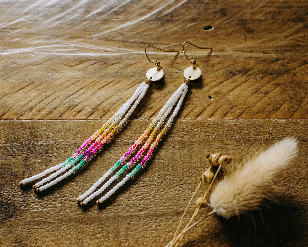 Long Boho Beaded Rainbow Fringe Earrings - Etsy