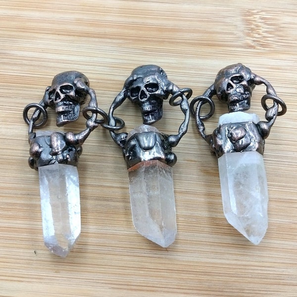 Natural Clear Quartz Bar Charm, Bronze Skull Pendant, Soldered Jewelry, Metalwork Skull Pendant, Birthday Gift DIY Jewelry For Her T635