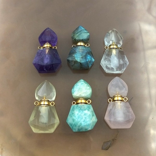 Wholesale Faceted Gemstone Essential Oil Bottle Pendant, Gold Tiny Charm Natural Stone Perfume Bottle Vial for Necklace T621