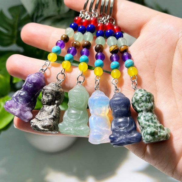 Hand Carved Gemstone Buddha Keychain, 7 Chakra Bead Keyring, Bag Purse Pendant, Healing Crystals Gift for Mom Z010