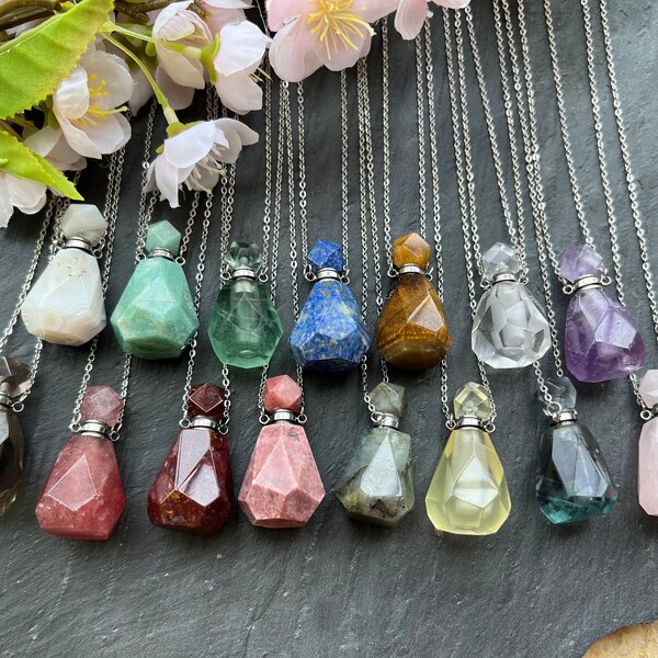 Gemstone Essential Oil Diffuser Necklace, Perfume Bottle Choker, Reiki Healing Energy Citrine Amethyst, Crystal Gift T050