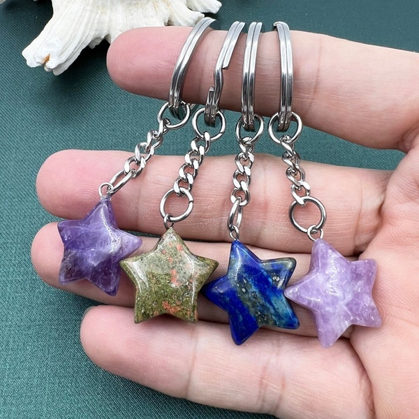 Hand Carved Star Crystal Key Chain, Healing Crystal Keychain, Gemstone Keyring, Stone Bag Purse Charms, Opal Lepidolite Y741