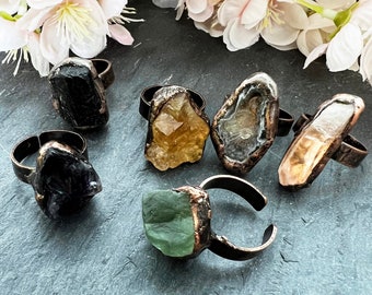Raw Natural Crystal Rings, Green Fluorite Ring, February Stone Jewelry, Crystal Druzy Jewelry, Citrine Ring, Bridesmaid Jewelry Y539