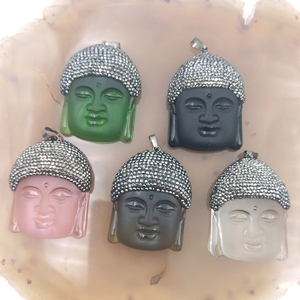 50mm Gemstone Carved Happy Buddha Pendant, Rhinestone Paved Buddhist Jewelry, Buddhism Crystal Pendant for Necklace Making T726