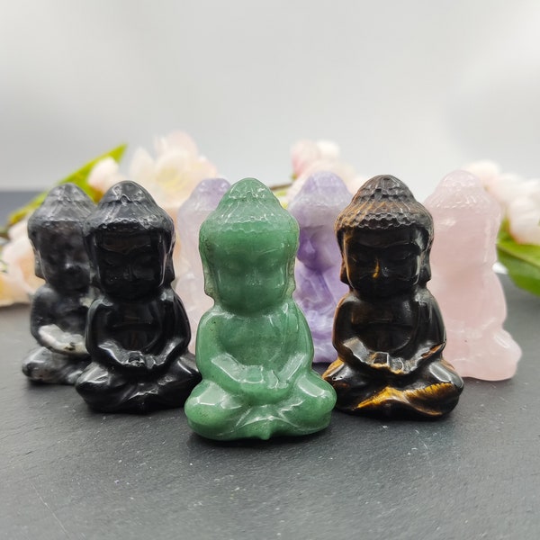 2 inches Healing Crystal Carved Buddha Decor, Small Monk Stone Religion Statue, Hand Carved Gemstone Sculpture Desk Decor Gift Y789