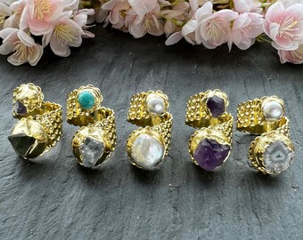 Crystal Gold Wide Band Ring, Druzy Geode Amethyst Turquoise Pearl Boho Ring, Wedding Bridesmaid Gift Y538