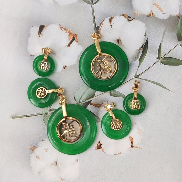 Green Jade Donut Pendant, Chinese Word "Fu" Flat Round Jade Beads for Necklace Earring, Wheel Bead, Beading Supplies Y758