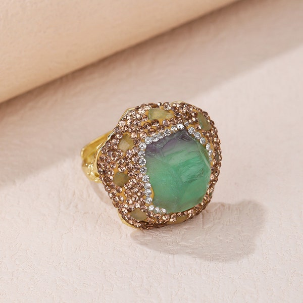 Fashion Punk Natural Green Fluorite Ring, Raw Stone Irregular Diamond-encrusted Opening Adjustable Gold Plated Ring Y926