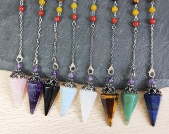 Natural Crystal Pendulums, 7 Chakra Beads Silver Healers Dowsing Tool, Divination Tool, Wicca Confirmation Reading Z334