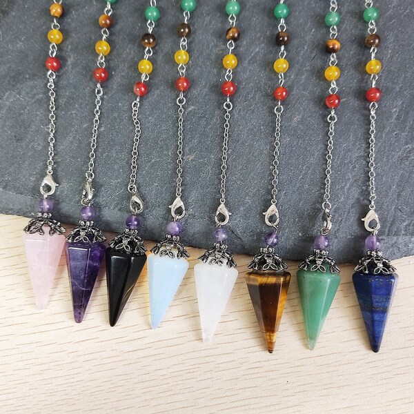 Natural Crystal Pendulums, 7 Chakra Beads Silver Healers Dowsing Tool, Divination Tool, Wicca Confirmation Reading Z334