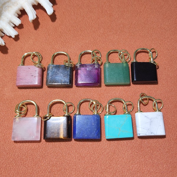 Quartz Crystal Lock Pendant, Gemstone Lock Pendant Necklace, Crystal Necklace Charm, Amethyst Howlite Labradorite Y311