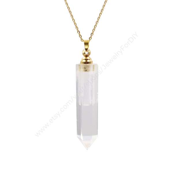 Collier de bouteille d'huile essentielle de quartz naturel, bijoux en acier inoxydable avec pendentif en cristal, collier de bouteille de parfum, flacons à prisme hexagonal T433