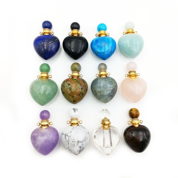 Natural Gemstone Perfume Bottle Pendant, Essential Oil Diffuser Vials Lapiz Lazuli Amethyst Quartz Crystal Heart Jewelry for Necklace T089