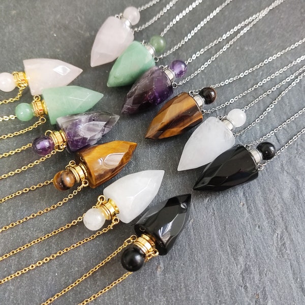 Healing Crystal Perfume Bottle Pendant Necklace, Stone Diffuser Necklace, Gemstone Essential Oil Vial Jewelry for Women Z325