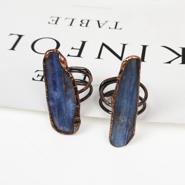 Kyanite Copper Plated Ring, Kyanite Crystal Jewelry Simple Style, Healing Energy Crystal, Blue Gemstone Bohemia Ring Z075