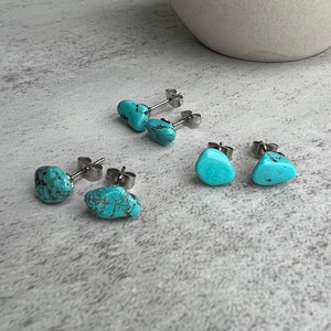 Turquoise Stud Earrings, Tibetan Tiny Blue Raw Gemstone Earrings, Boho Western Turquoise Jewelry Hypoallergenic Earrings for Women Y836