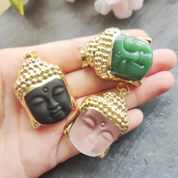 Wholesale Carved Gemstone Buddha Head Pendants, Gold Plated Buddhist Jewelry Boho Gemstone Buddhism Luck Pendant for Necklace T611